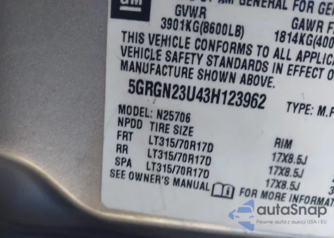 2003 Hummer H2 из США, поврежденный, VIN 5GRGN23U43H123962